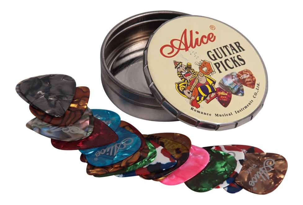 20x Alice Guitar Picks – In a Round Tin – Various selection of sizes and colours