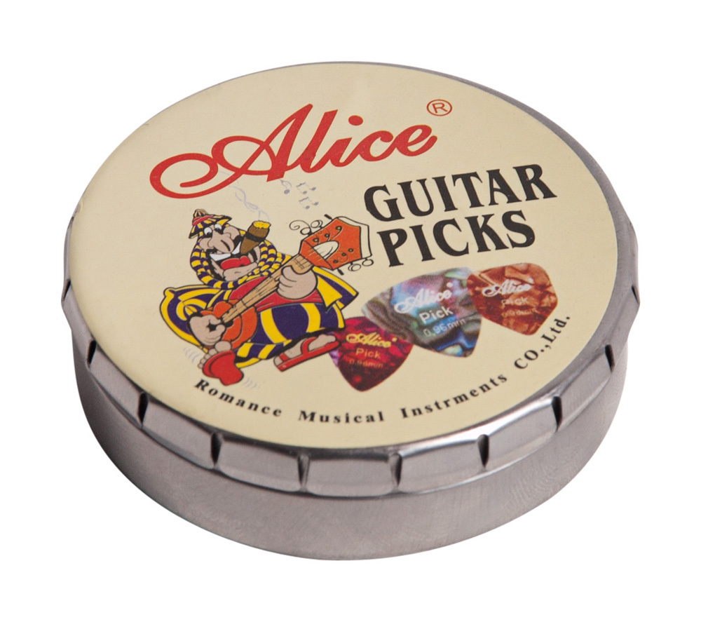 20x Alice Guitar Picks – In a Round Tin – Various selection of sizes and colours